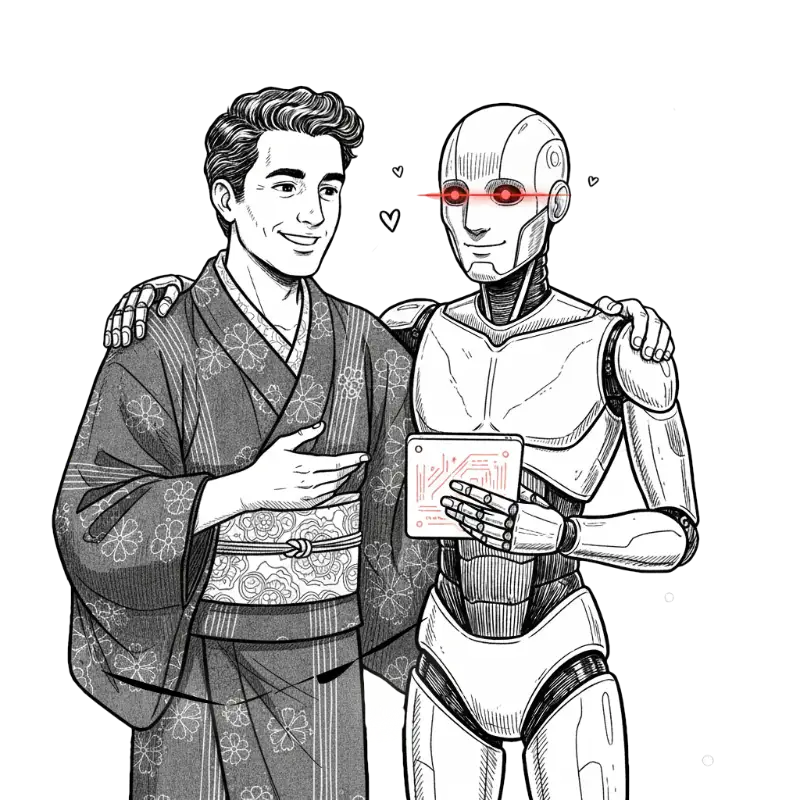 De sensei achter zijn laptop, sumi-e illustratie